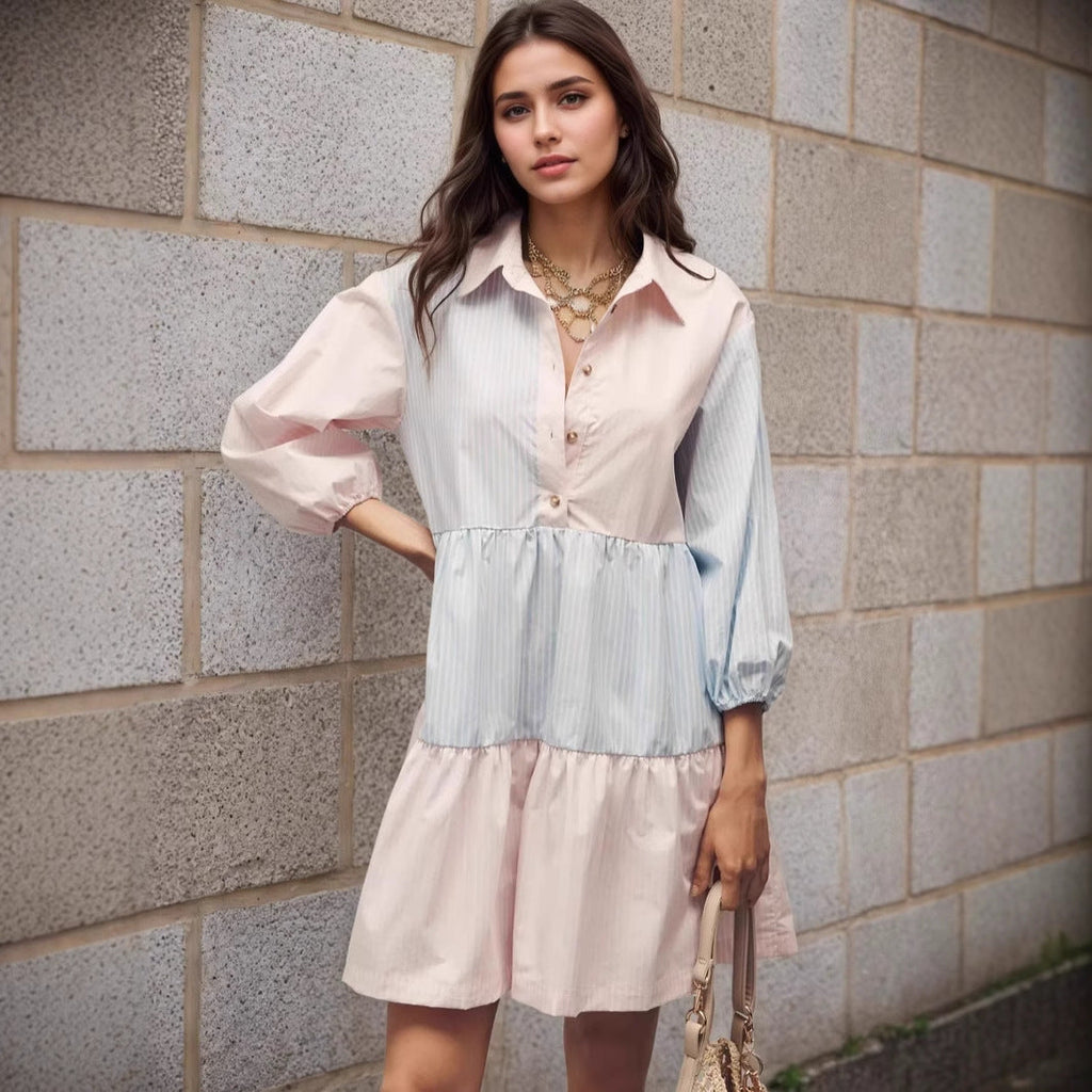 Fresh Pink Blue Contrast Color Striped Collared Lantern Sleeve Tiered Swing Loose Stitching Shirt Dress
