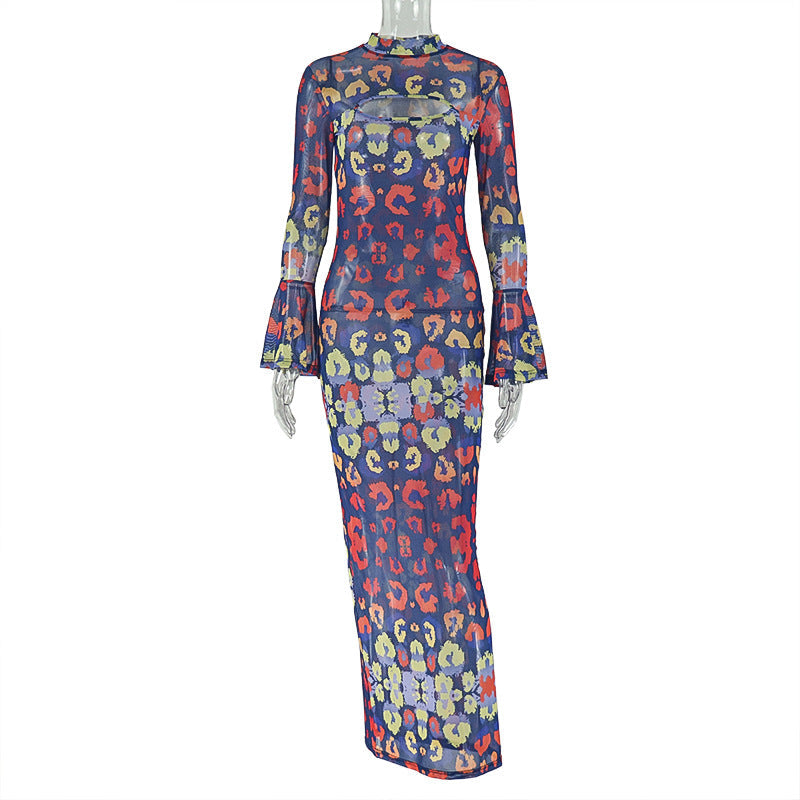 Retro Women Wear Waist Trimming Printing Hip Dress Hollow Out Cutout round Neck Flared Sleeves Maxi Dress