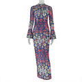 Retro Women Wear Waist Trimming Printing Hip Dress Hollow Out Cutout round Neck Flared Sleeves Maxi Dress