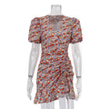 Women Clothing Sexy Printed Dress Summer V neck Puff Sleeve Design Pleated Hip Dress