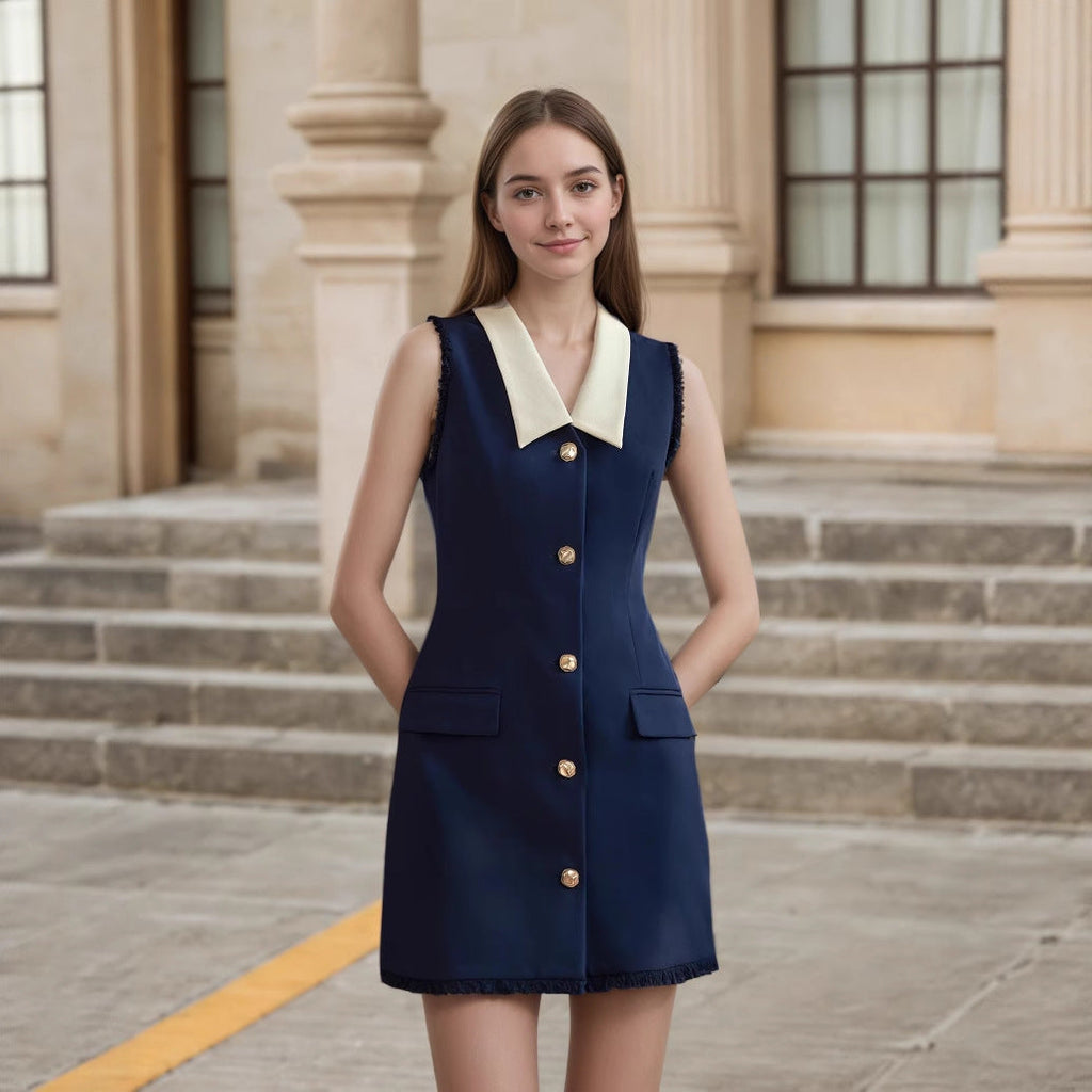 Women Clothing Dark Blue Sleeveless Dress White Neckline Gold Button Women Short Dress