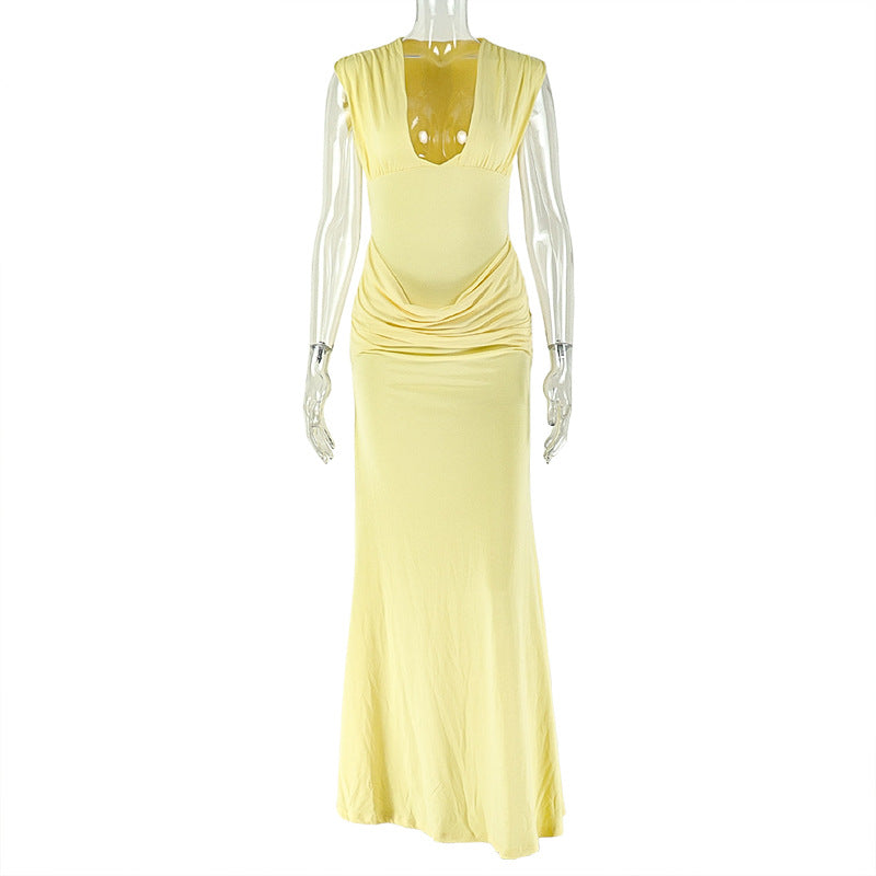 Simple Slim Fit Women Street Pleated Hip Dress Sexy V neck Sleeveless Elegant Dress