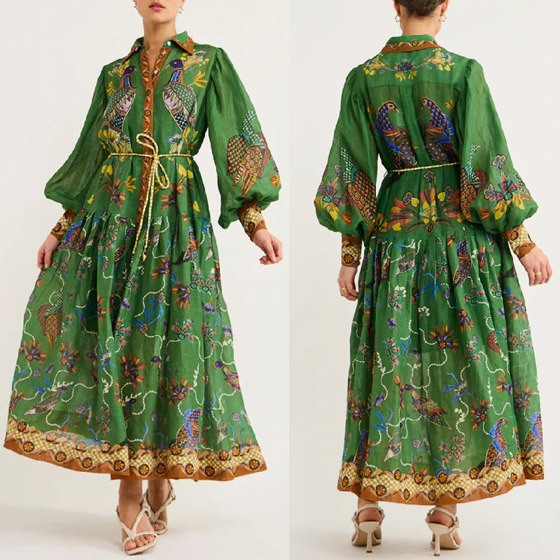 Autumn Printed Cardigan Printed Wide Hem Long Sleeve Dress for Women Amplified craft