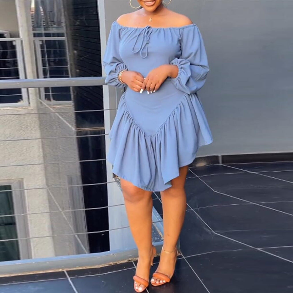 Sexy Slim Fit Solid Color Lace Band Elastic off Shoulder Lantern Sleeve Dress