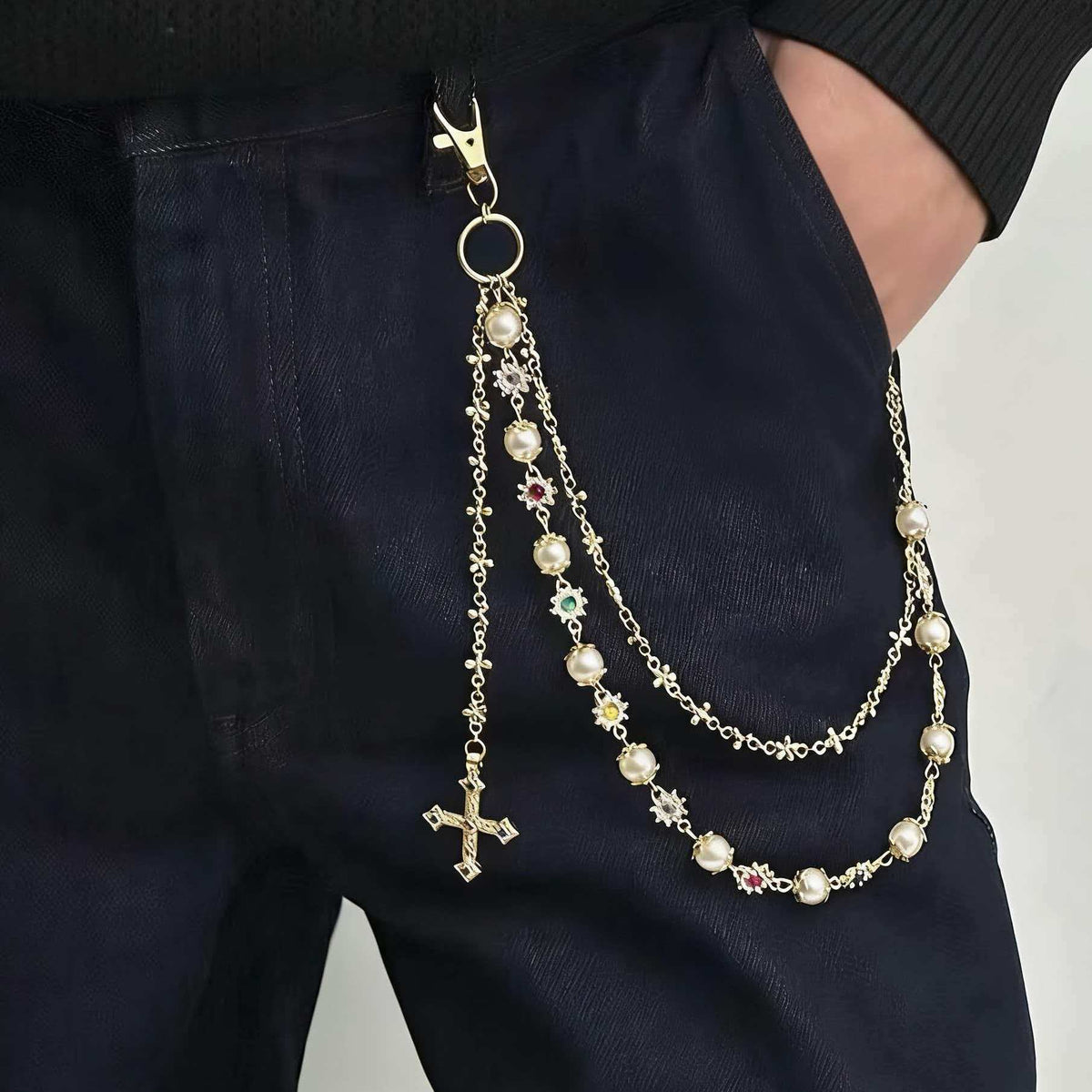 Vintage Multi-Layer Cross Pendant Pearl Flower Color Waist Chain Fashion Pants Chain