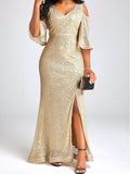 Autumn Elegant Off Shoulder Gold Sequ Annual Party Evening Dress Cocktail Evening Dress Dress