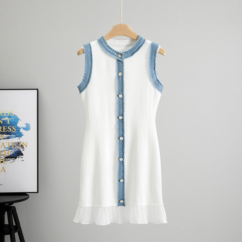 Summer French Youthful-Looking Stitching Contrast Color Frayed Waist Slimming Pleated Vest Dress