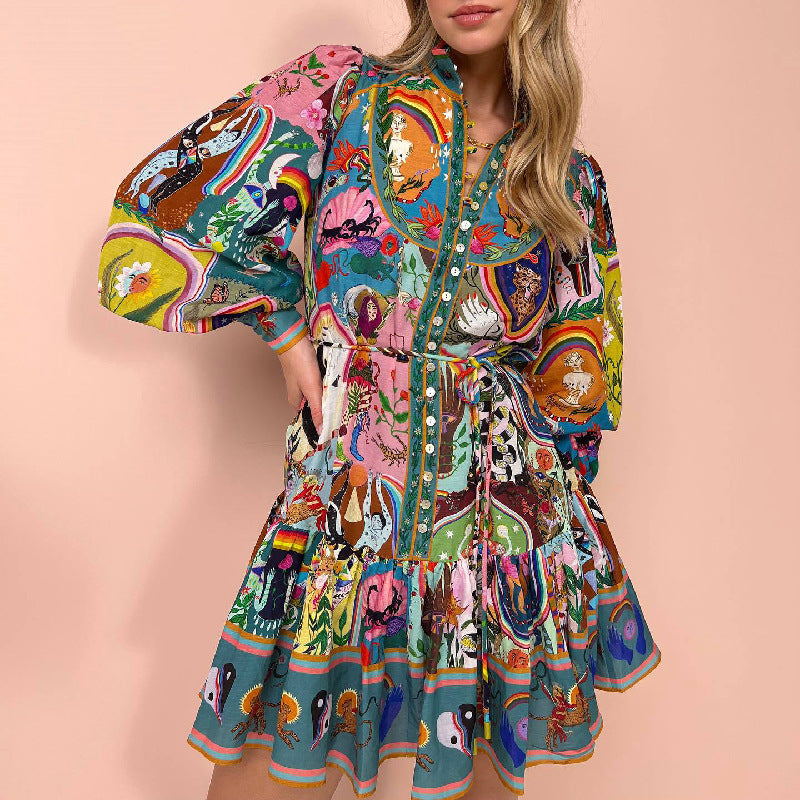 Autumn Winter Long Sleeve Printed Lace up Cotton Linen Pleated Dress for Women Amplified craft