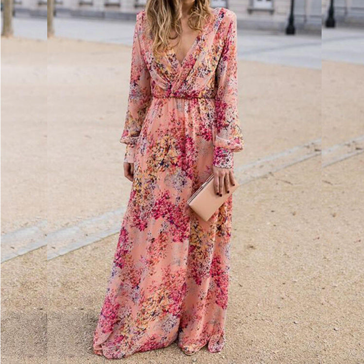 Summer Women Dress Bottoming Dress Sexy Collar Lace Printing Waist Controlled Large Hem Dress