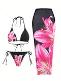 Bikini Cover Up Sexy Lily Printed Swimsuit Three Piece Set