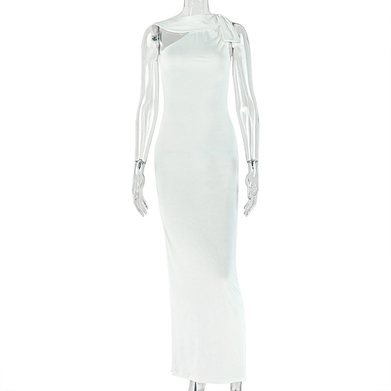 Solid Color Women Waist Slimming Hip Dress Diagonal Collar Sleeveless Asymmetric Maxi Dress