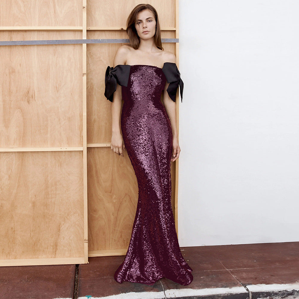 Coffee Color Colorful Sequin Long Evening Dress off Shoulder Black Bow Cocktail Fishtail Dress