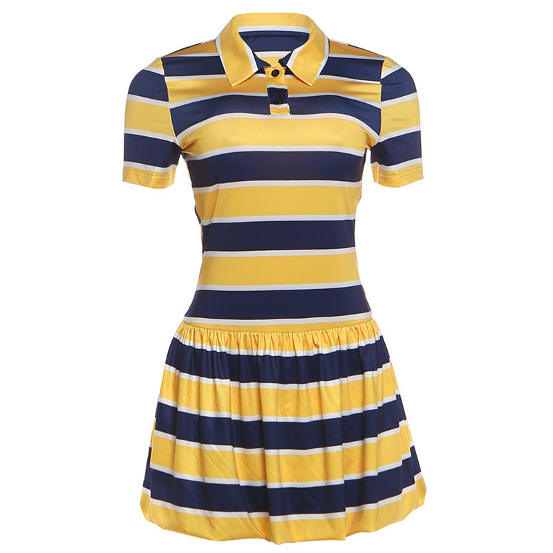 Summer Women Clothing Polo Collar Vintage Stripe Sports Short Sleeve Dress