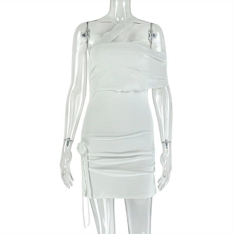 Women Clothing Micro Transparent Splicing Package Hip Dress One Shoulder Tube Top Asymmetric Dress