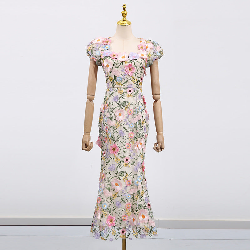 French Romantic Embroidered Design Square Collar Dress Three Dimensional Floral Slim Fit Maxi Dress Women Summer