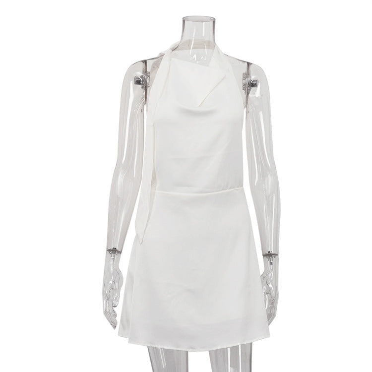 Women Clothing Satin Draping Dress Sexy Backless Halter Lace up A line Dress