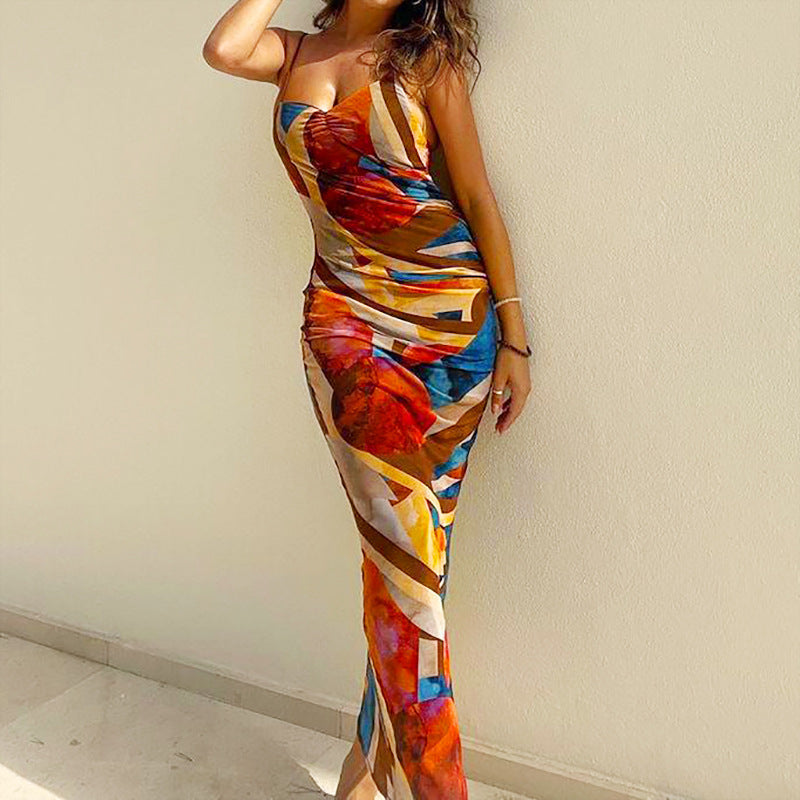 Summer Women Nightclub Sexy Abstract Printing Slip Dress