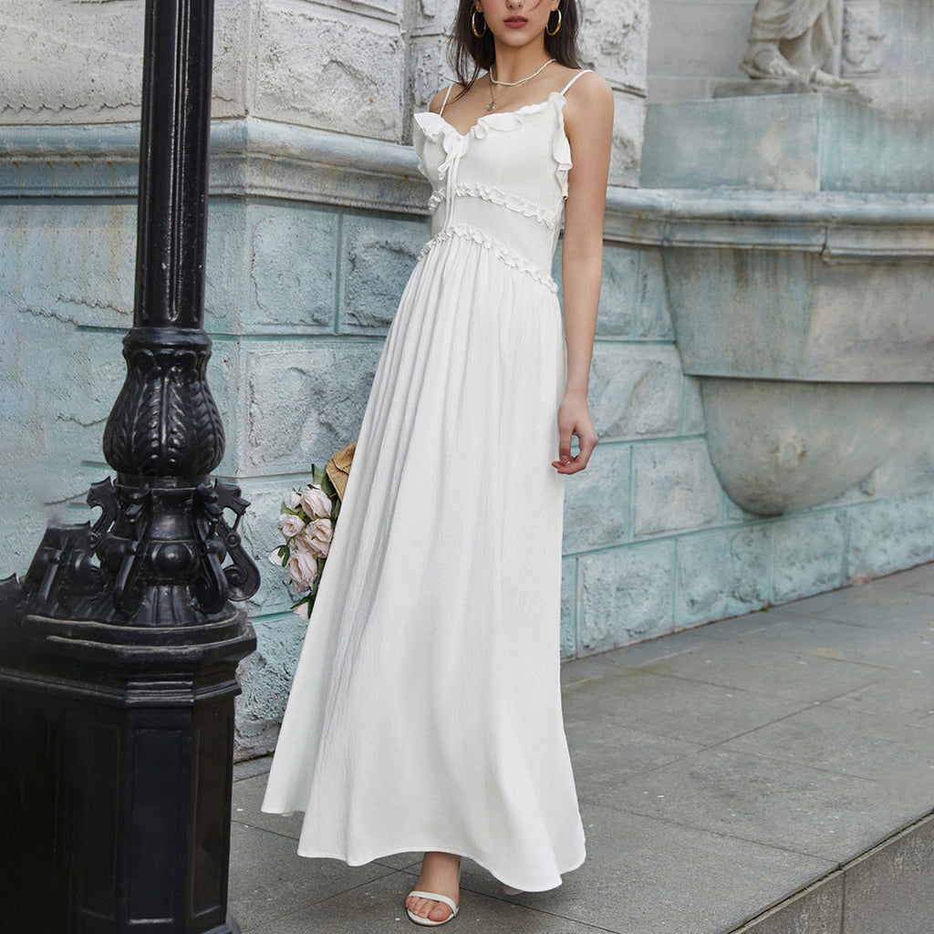 Summer Cool Ice Velvet Crepe Fabric Cami Dress Sexy V neck Flounce Decoration Slim Fit Maxi Dress
