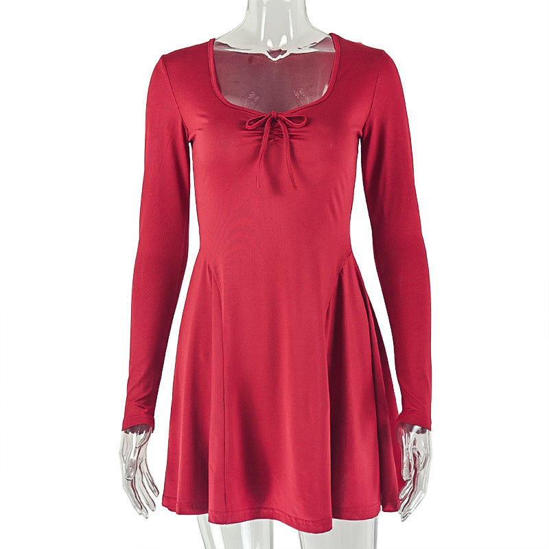 Women Clothing Outdoor All Matching Date A line Dress Pleated Long Sleeve Solid Color Dress