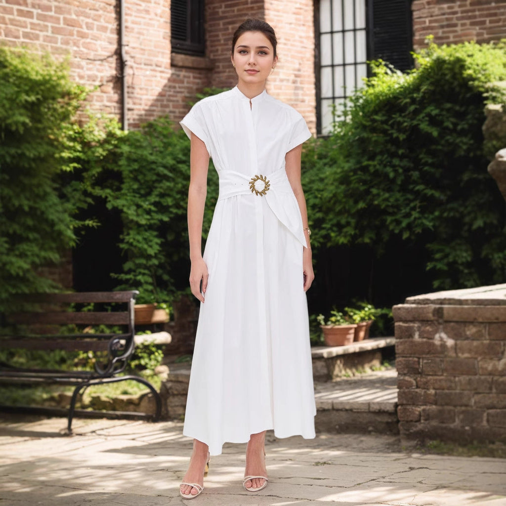 White Stand Collar Sun Metal Decoration Belt Waist Design Short Sleeve Long Pattern Dress