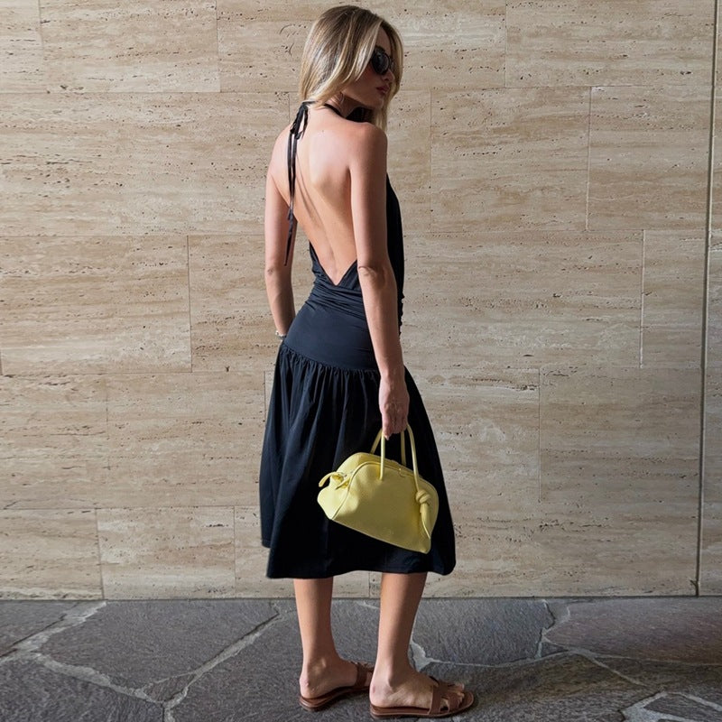 Women Sexy Deep V Plunge neck Bare Back Halter Strap Pleated Waist Tight Slit Dress