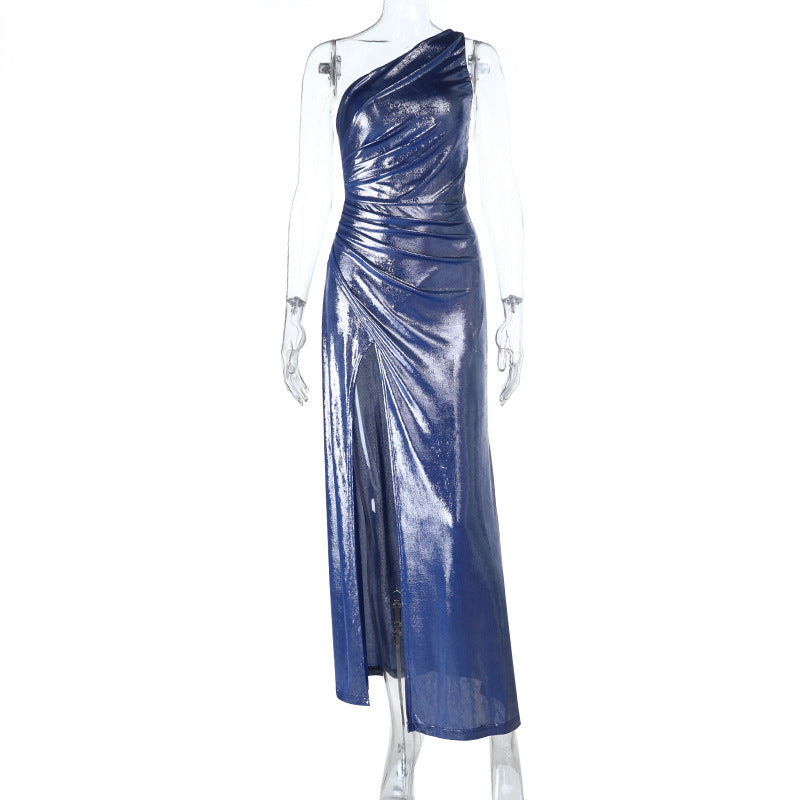 Sexy Oblique Shoulder Shiny Fabric Dress Autumn Waist Controlled Evening Dress
