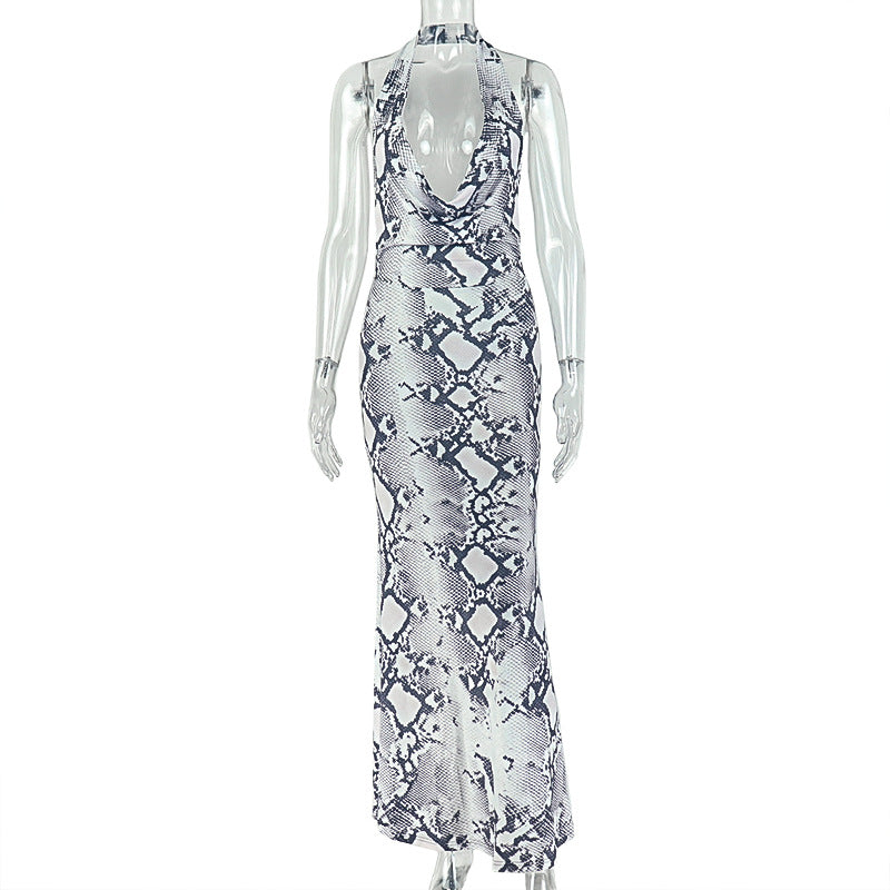 Gray White Printing Women Halter Swing Collar Hip Waist Controlled Low Cut Long Dress