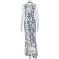Gray White Printing Women Halter Swing Collar Hip Waist Controlled Low Cut Long Dress