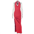 Women Clothing Solid Color Pleated Slimming Side Slit Hip Dress Swing Collar Sleeveless Long Trendy Dress