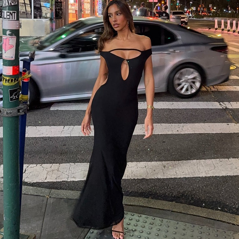 Women Clothing Autumn Winter Sexy Backless Hollow Out Cutout out Solid Color Slim Dress for Women