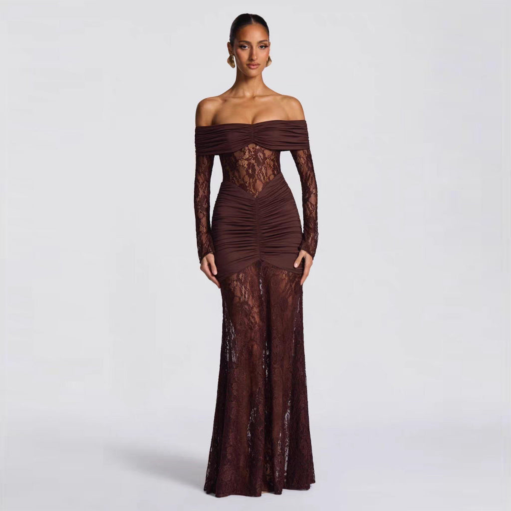 Autumn Elegant Lace Stitching off Shoulder Long Sleeve Narrow Dress Maxi Dress Women Evening Dress