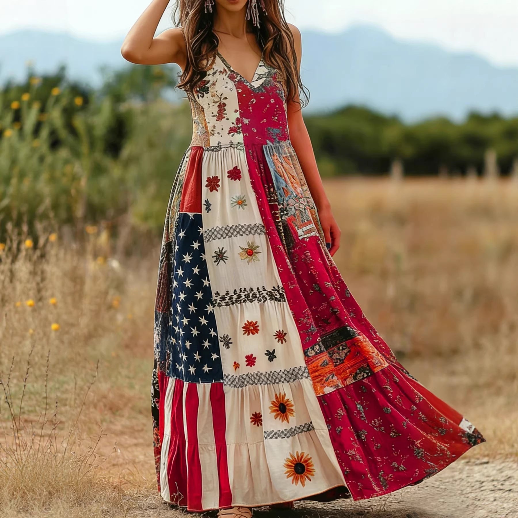 Retro Star Stripes Stitching Bohemian Dress Women Summer V neck Swing Vacation Dress