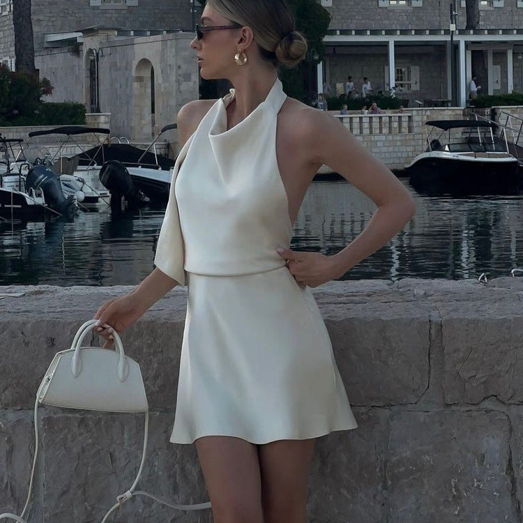 Women Clothing Satin Draping Dress Sexy Backless Halter Lace up A line Dress