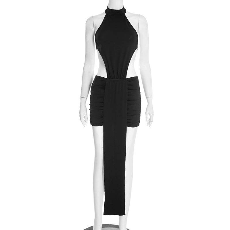 Women Clothing Spring Solid Color Stitching Sexy Slim Hollow Out Cutout Ribbon Short Sleeveless Dress