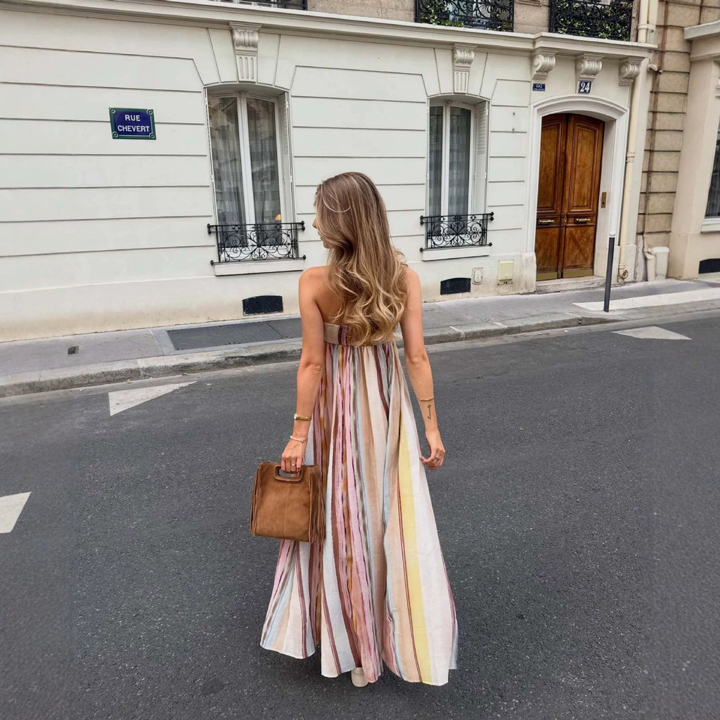 Dress Color Striped Printing Sexy Bandeau Pleated Large Swing Maxi Dress