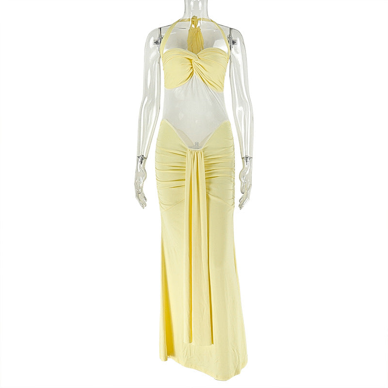 Women Clothing Micro Transparent Lace up Backless Solid Color Hip Dress Halter Pleated Wrapped Chest Slim Fit Maxi Dress