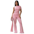 Women Clothing Summer round Neck One Shoulder Pleated Ribbon Sexy Slim Fit