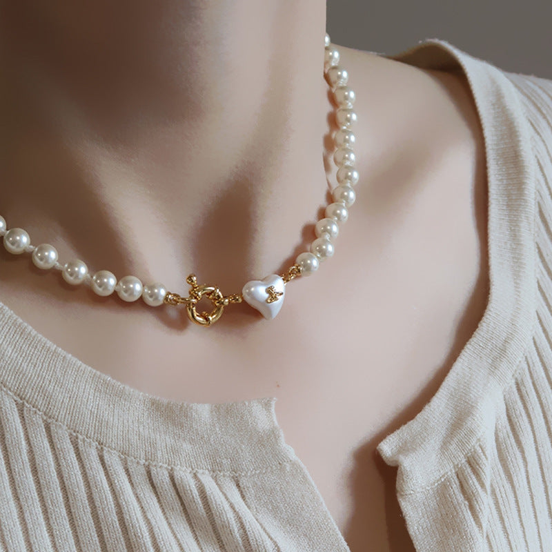 Women's retro heart pearl necklace clavicle chain