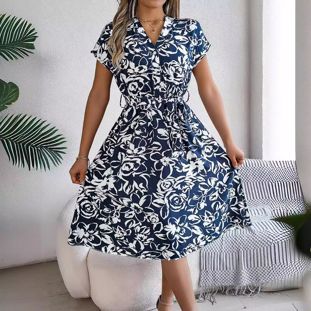 Spring Summer Casual V neck Buttons Batwing Sleeve Floral Swing Dress Women Clothing