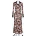 Women Clothing Autumn Sexy Digital Printing Contrast Color Polo Collar Long Sleeve Slim Dress