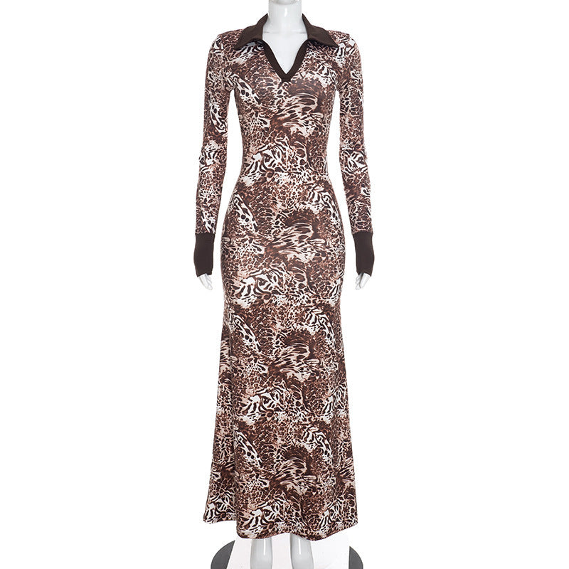 Women Clothing Autumn Sexy Digital Printing Contrast Color Polo Collar Long Sleeve Slim Dress