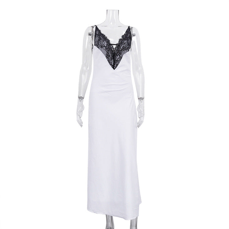 Stitching Design Lace Contrast Color Cami Dress Women Sexy Backless V neck Sleeveless Sheath Dress
