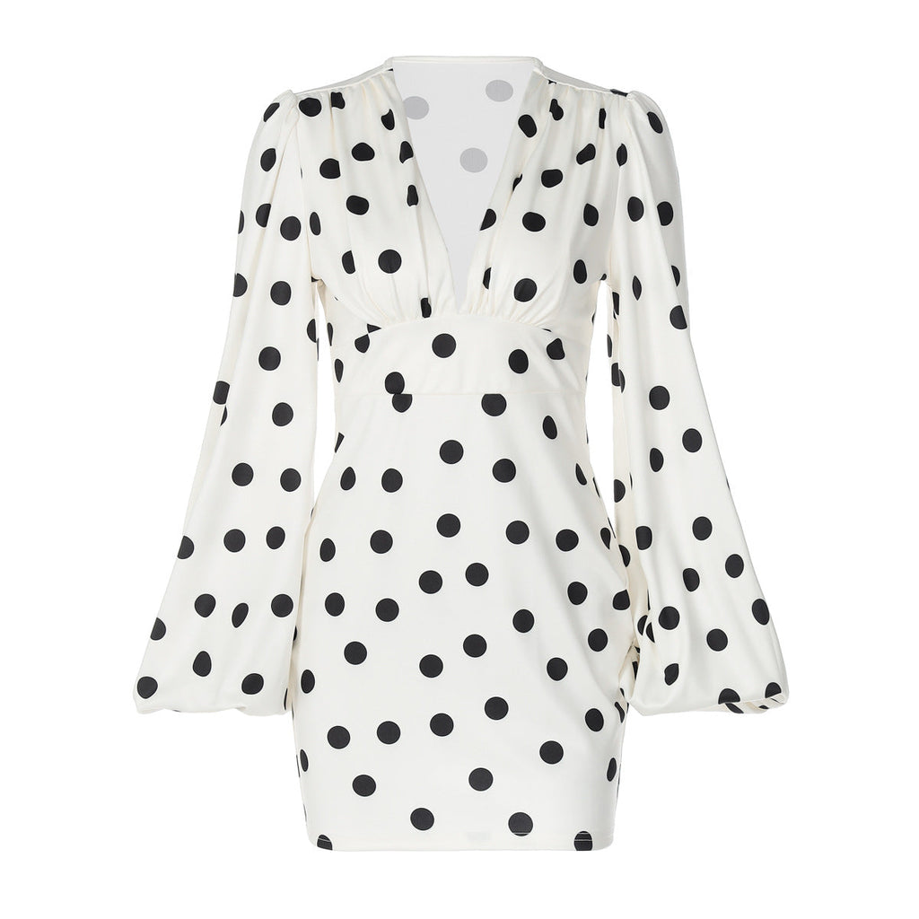Polka Dot Printed Sexy Deep V Plunge neck Slim Fit Bell Sleeve Sheath Dress for Women