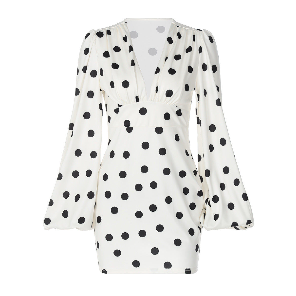 Polka Dot Printed Sexy Deep V Plunge neck Slim Fit Bell Sleeve Sheath Dress for Women