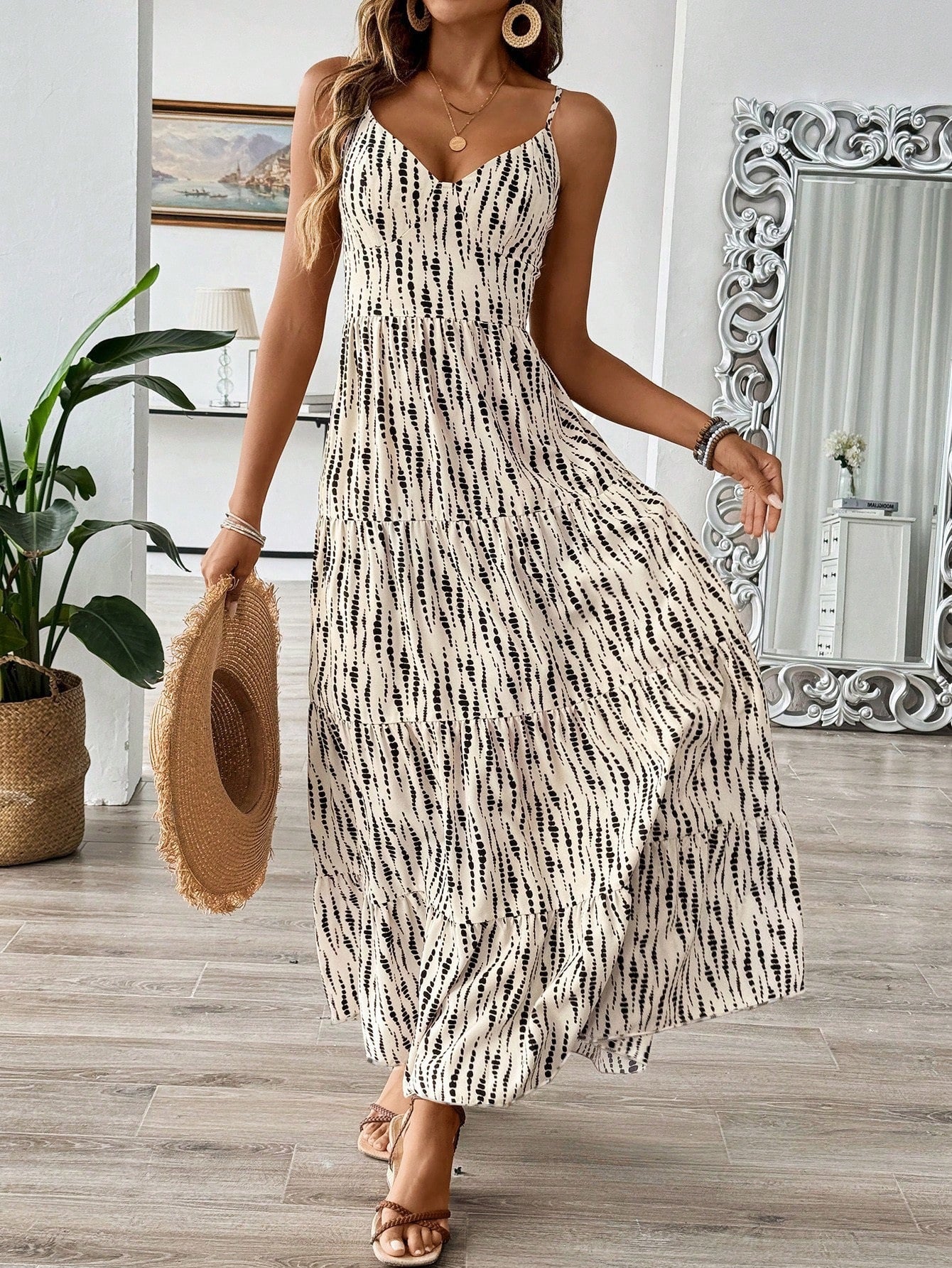 Summer Strap Backless Lace up Dress Striped Design Waist Slimming Vacation Dress