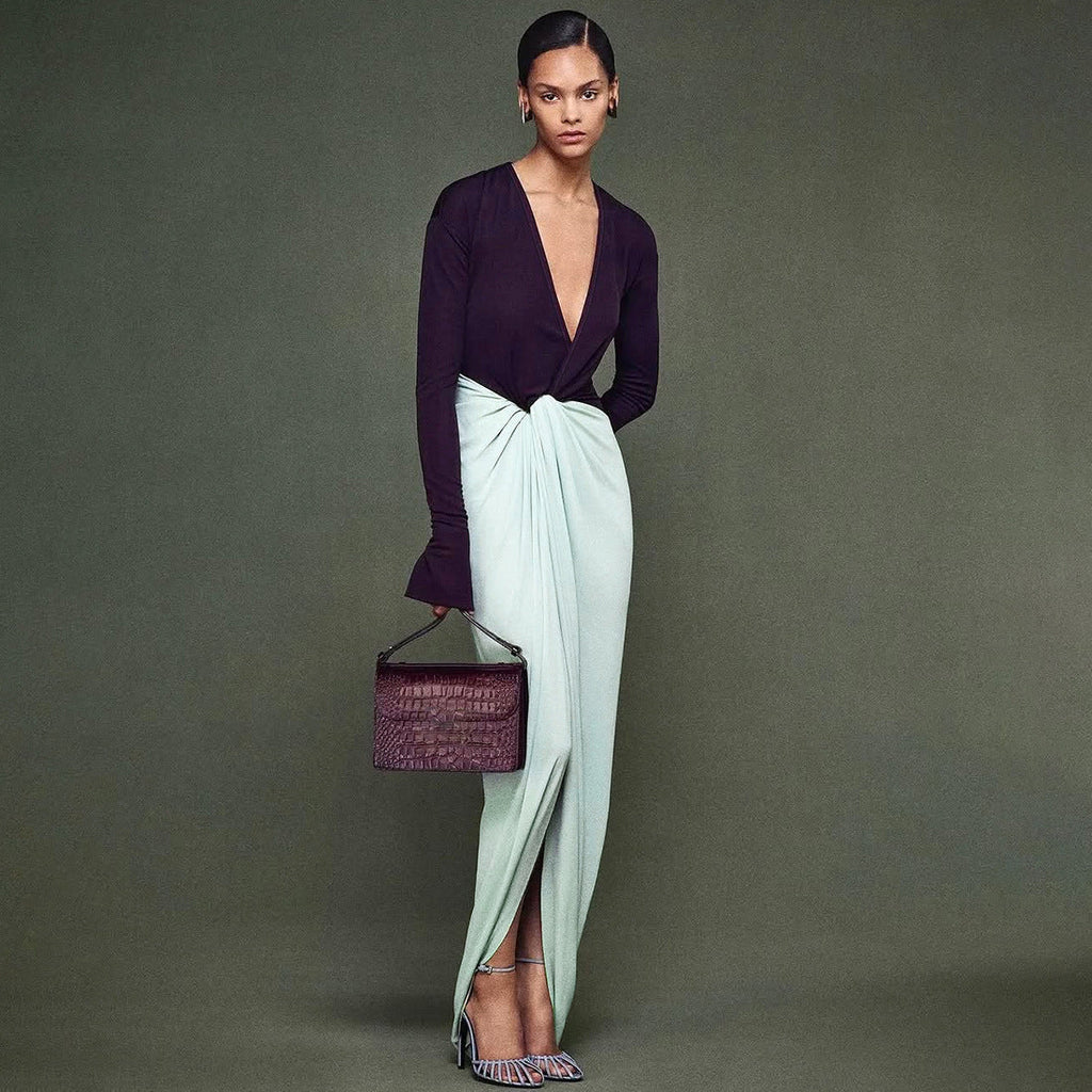 Autumn Winter Women Clothing Fashionable Elegant Deep V Plunge neck Long Sleeve Split Maxi Dress Women