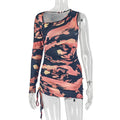 Women Clothing Personality Slim Fit Diagonal Collar Asymmetric Hip Dress Pleated Long Sleeve Printed Short Dress
