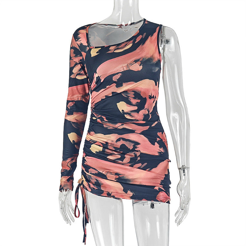 Women Clothing Personality Slim Fit Diagonal Collar Asymmetric Hip Dress Pleated Long Sleeve Printed Short Dress