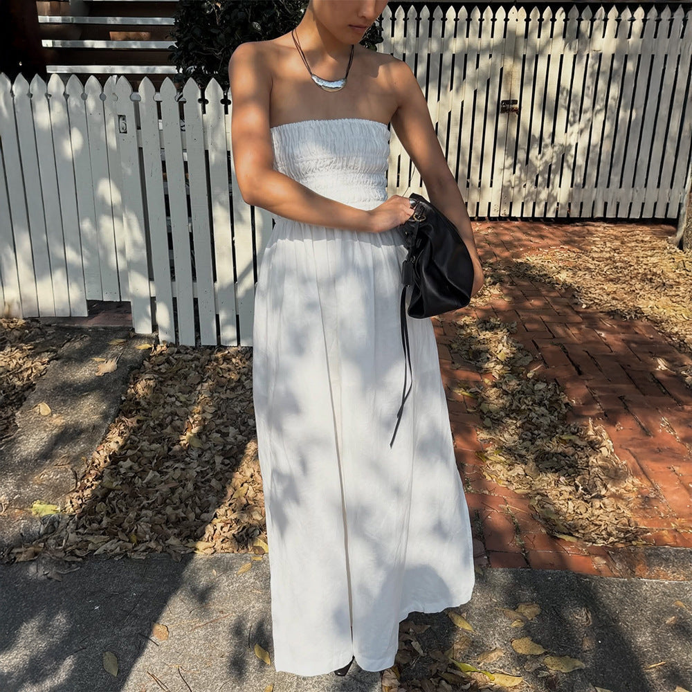Purified Cotton Tube Top Dress Summer Vacation off the Shoulder Pleated High Waist Maxi Dress