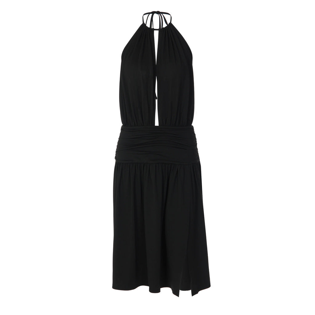 Women Sexy Deep V Plunge neck Bare Back Halter Strap Pleated Waist Tight Slit Dress